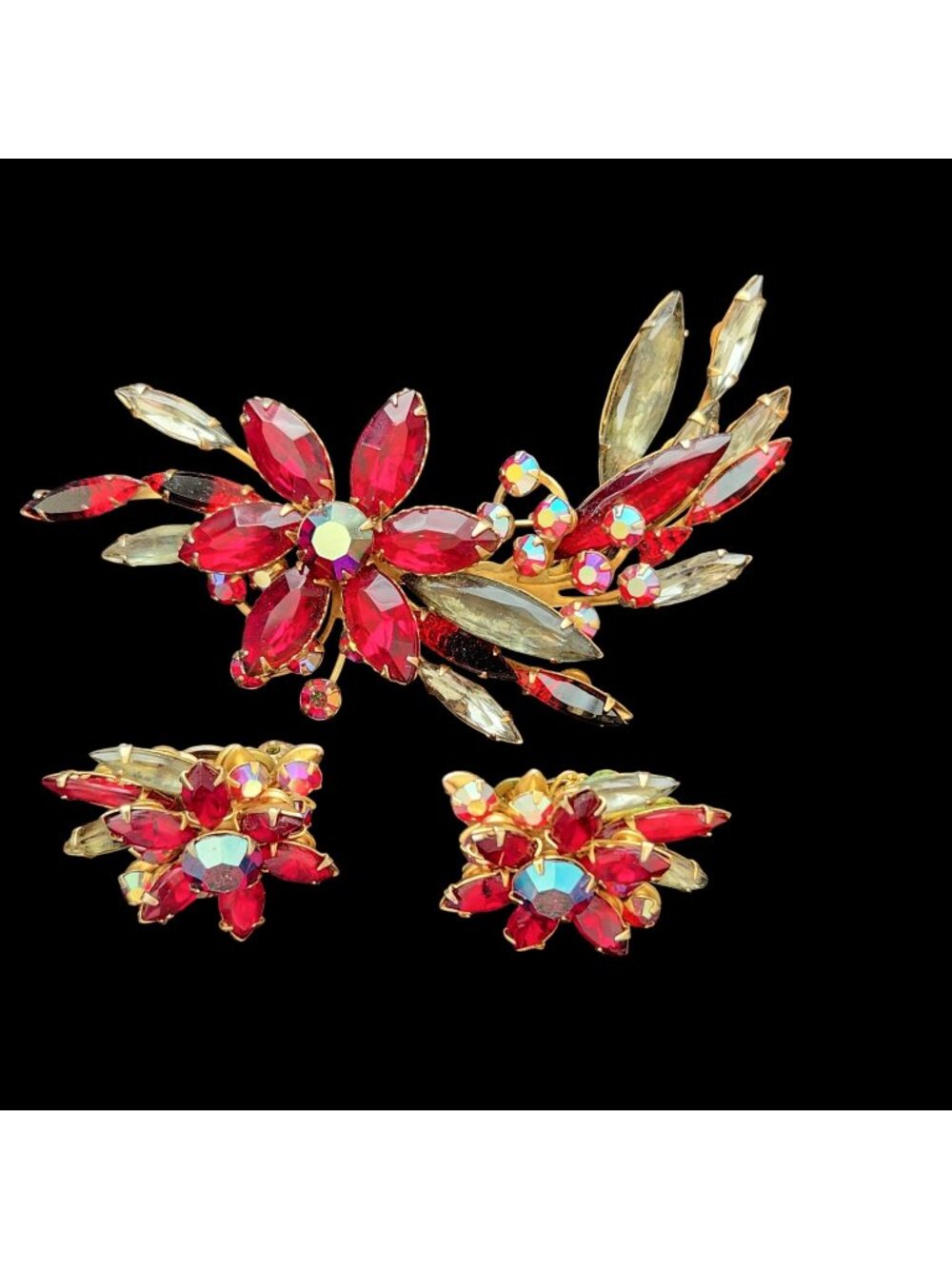 Vintage BeauJewels Red, AB and Smokey Rhinestones Brooch and Earring set